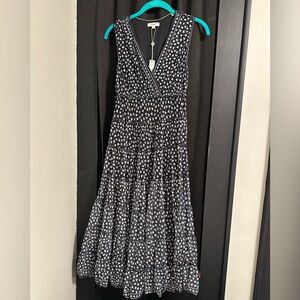 Max Studio Black and White Patterned V Neck Mesh Midi Dress